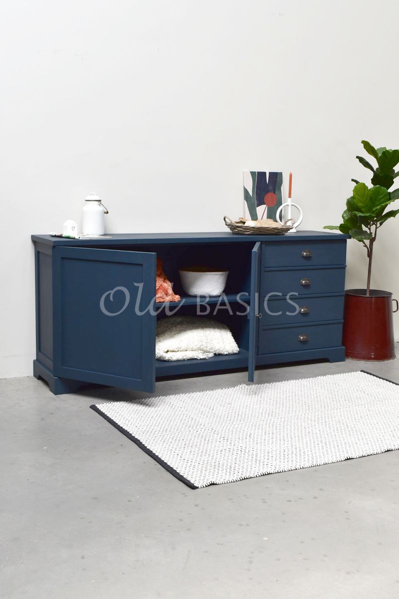 Detail van Dressoir Grenoble, 3 deuren, RAL5008, blauw, materiaal hout